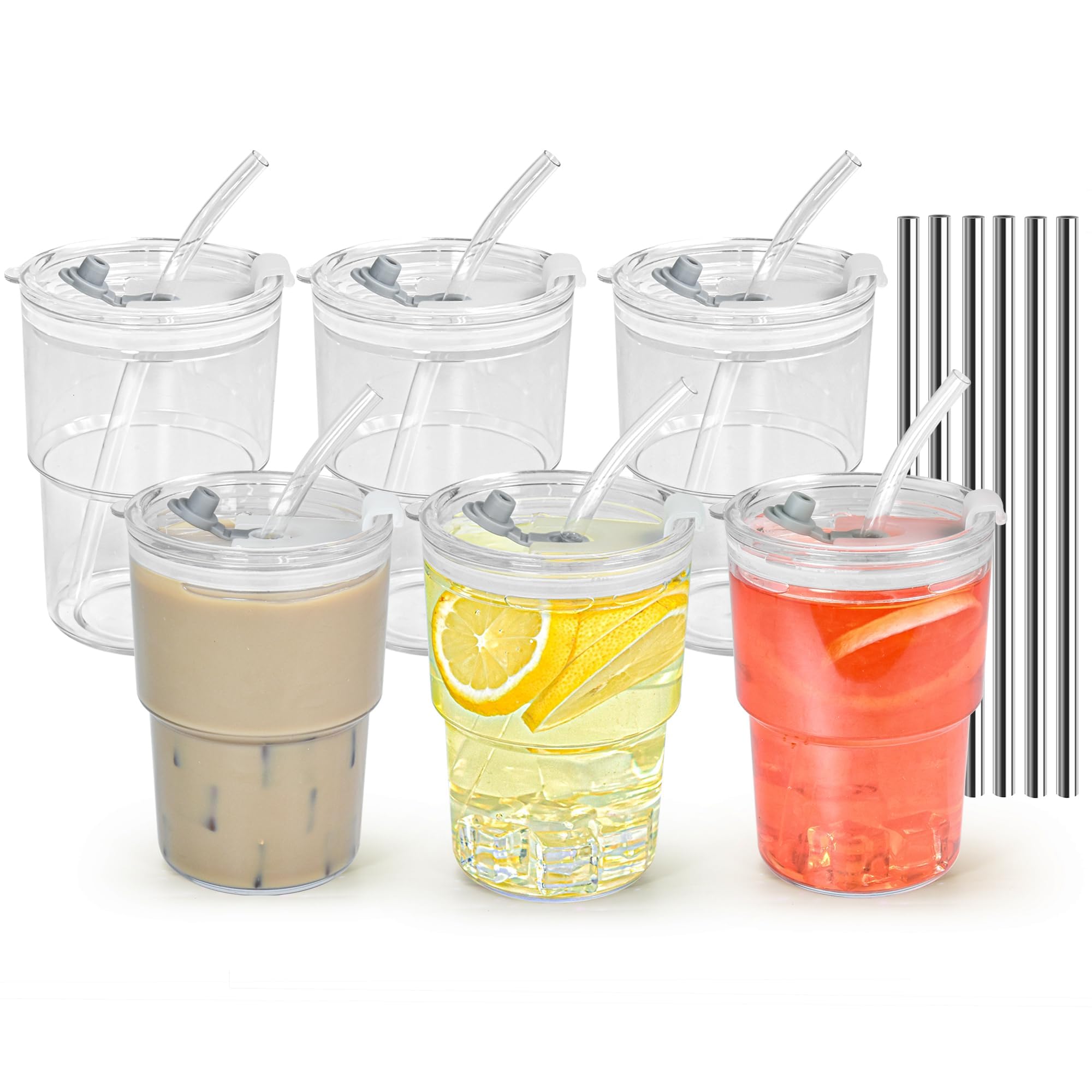 Juego de 6 tazas de café helado de 16 onzas con tapas y popotes, vasos de acrílico transparente, vaso de plástico reutilizable, vaso de café helado, taza para llevar para té matcha, taza de