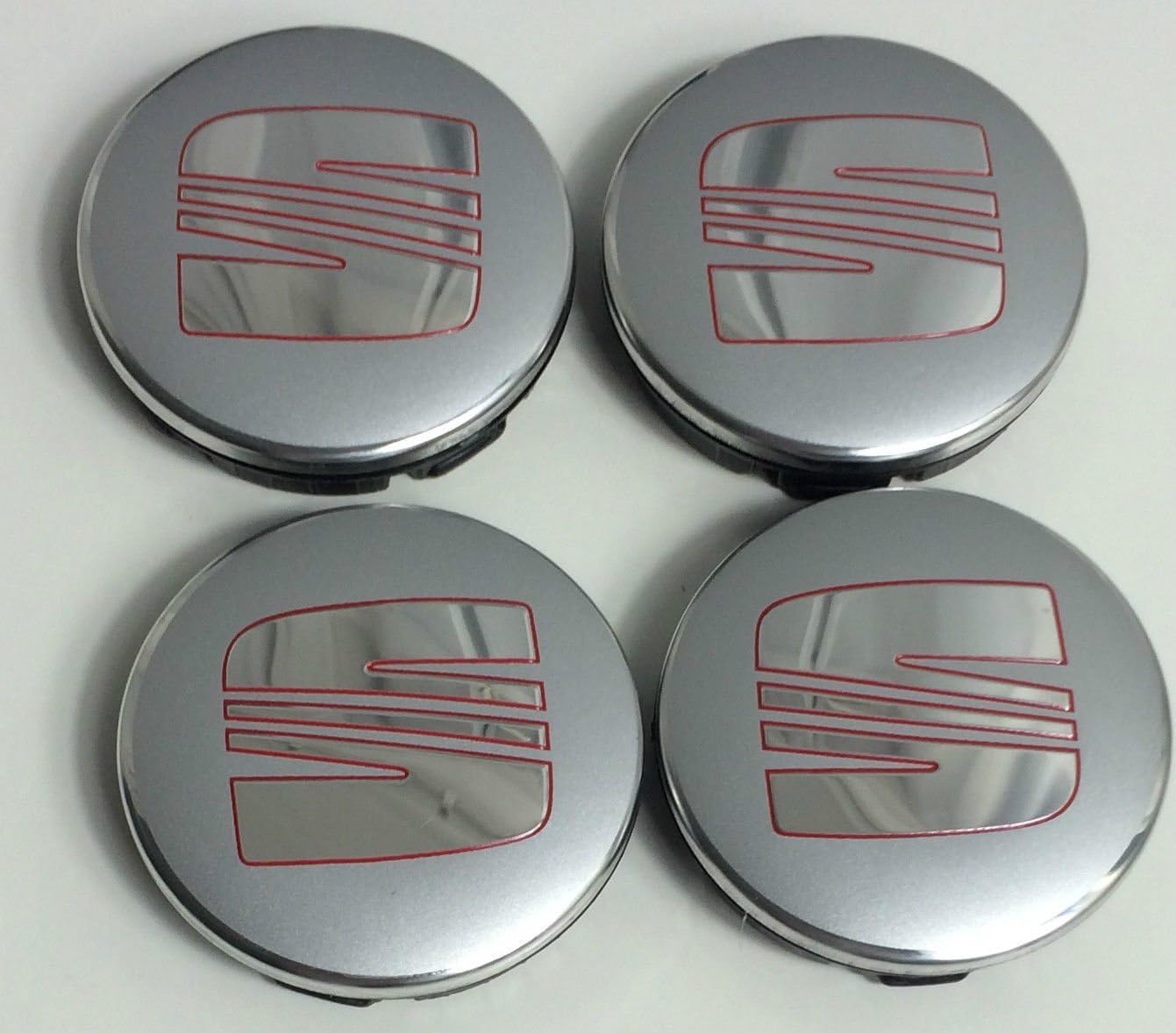 x4 High Quality SEAT 56mm ALLOY WHEEL BADGE Red Silver Chrome LOGO EMBLEM CENTRE HUB COVER CAPS Leon Ibiza Cupra Toledo Ateca Alhambra Mii Arosa Altea and other models 6LL601171