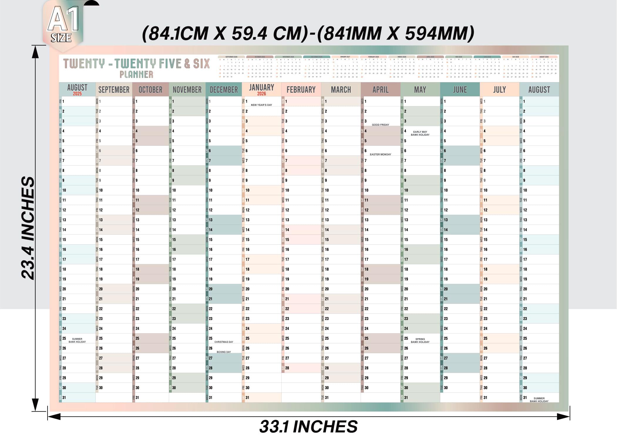 Planificador de pared para año académico 2025-2026, calendario semestral, gráfico de estudio anual, planificador anual grande de agosto a agosto, organizador de planificación académica