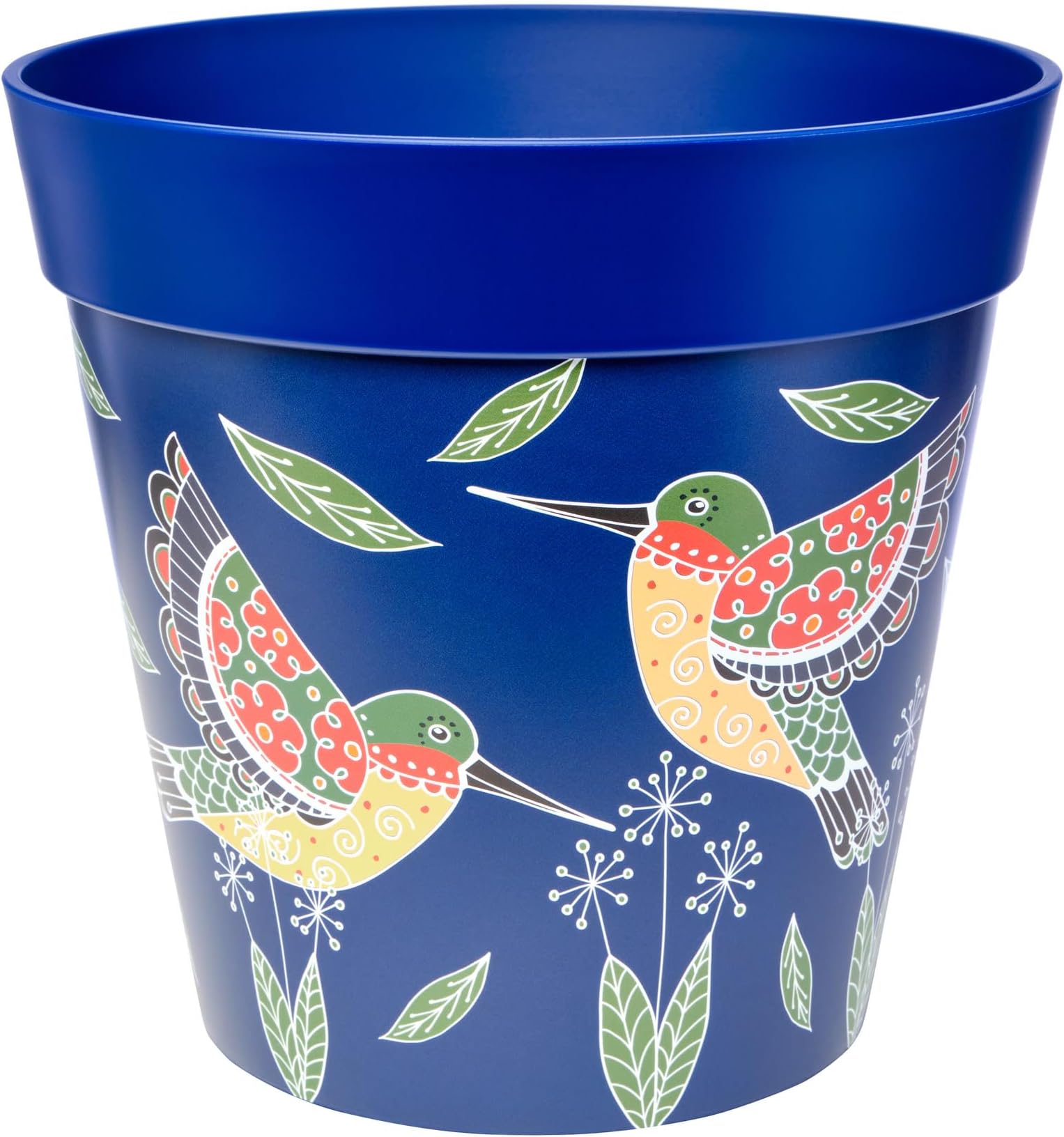 Hum Flowerpots, 25cm, Various Patterns Colours and Sizes, Indoor/Outdoor Plastic Plant Pot, Blue Hummingbirds