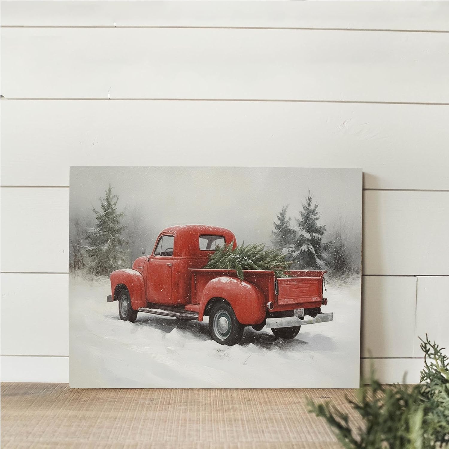 vjfkskuey Red pickup Samsung photo frame TV art Christmas truck holiday decoration poster vintage art Christmas painting farmhouse wall art winter snow scene home wall decor