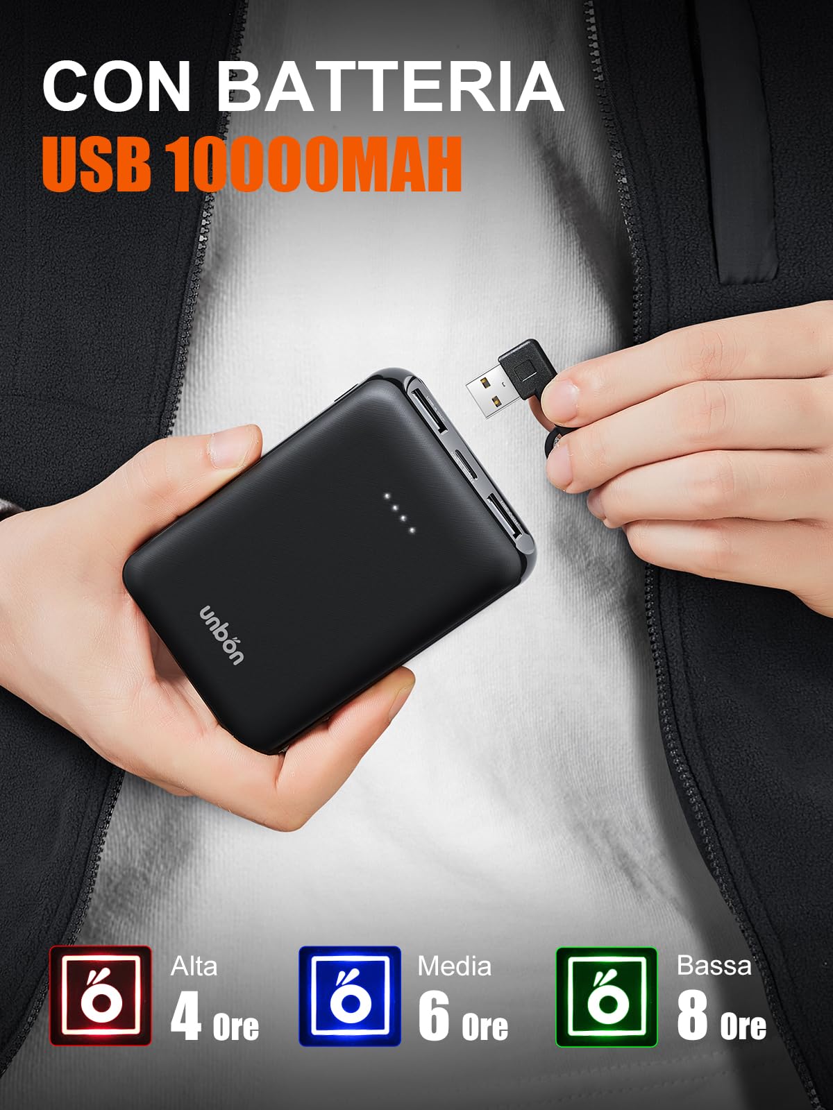 UNBON Gilet Riscaldato Uomo con Batteria USB 10000mAh, Giubbotto Riscaldato Uomo con 3 Temperatura 6 Zone di Calore, Gilet Riscaldante Elettrico Pile, Giacca Riscaldata Uomo per Moto Caccia