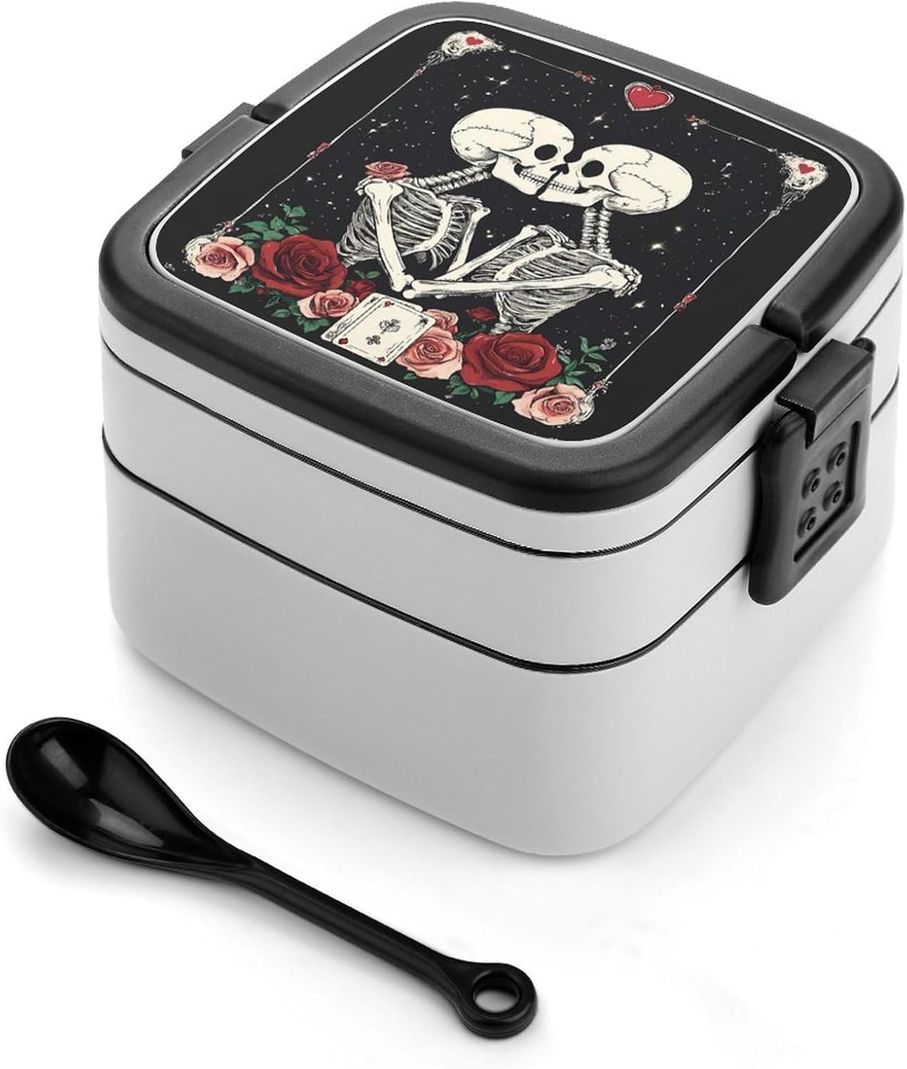 Skull Flower Bento Box with Spoon 2 Layer Food Container Cute Lunch Box for Travel Dining Work