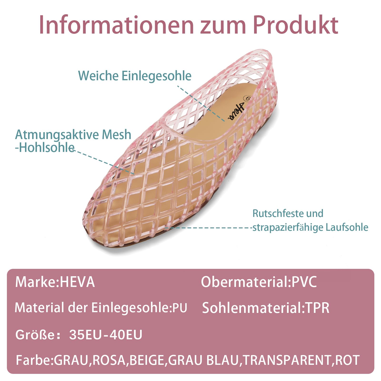 HEVA Damen Jelly Mesh Flats Atmungsaktiv Klar Hohle Schuhe Sommer Strand Jellies Ballett Sandalen