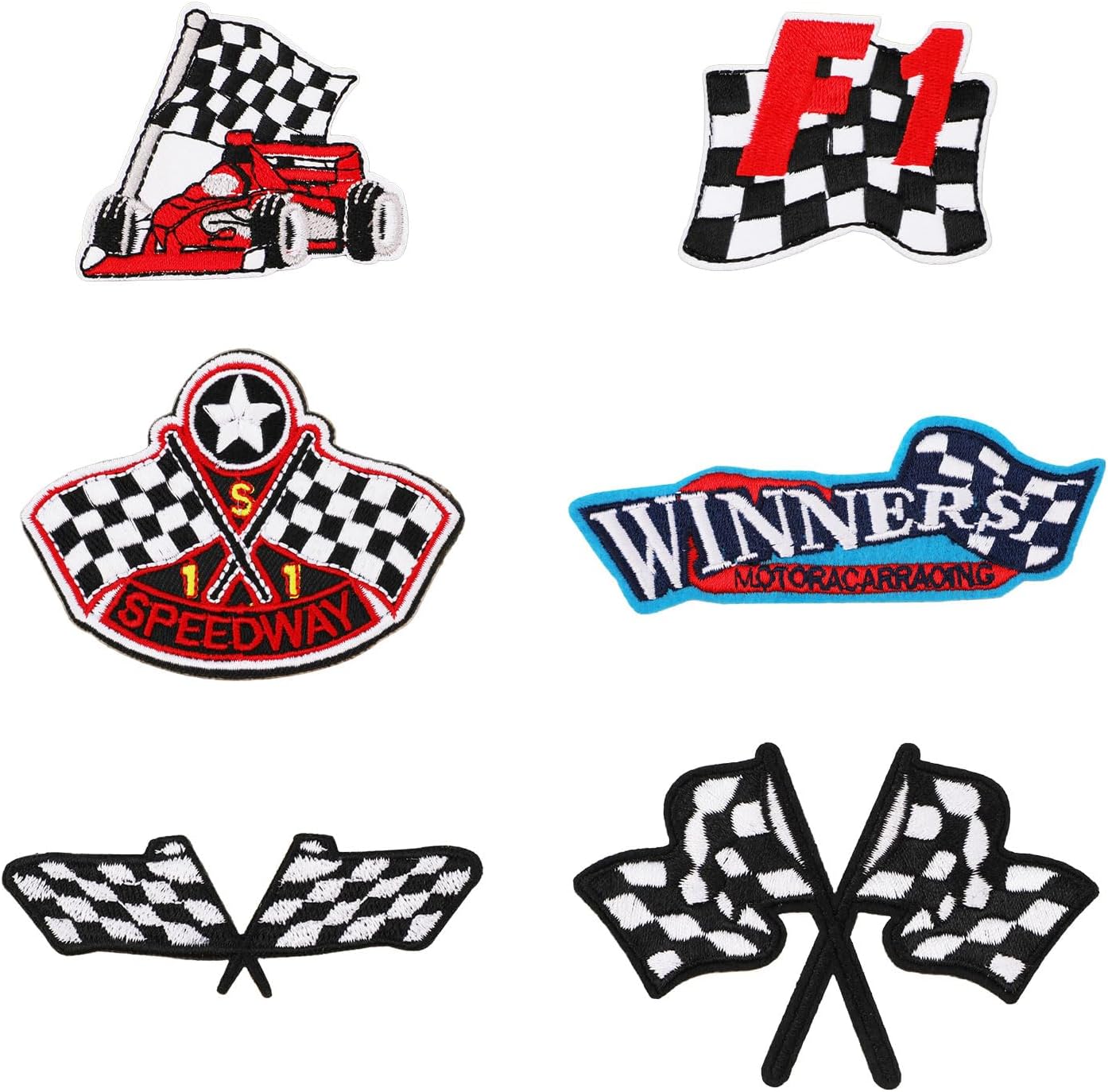 6pcs Racing Patches Iron On, Checkered Flag Patches Classic Black White F1 for Nascar Car Patch Decoration Embroidered Applique Patches for DIY Jeans Jackets Bags Hats Sewing Art Craft