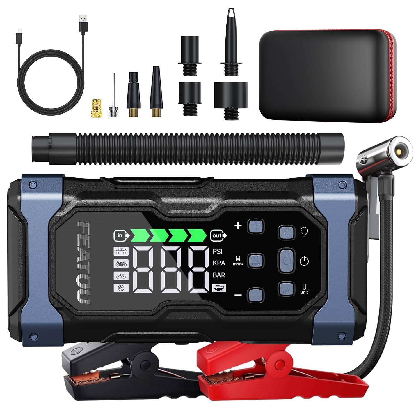 FEATOU 6000A Arrancador de Baterias de Coche con Compresor de 150 PSI, Cargador Bateria Coche Portatil de 12V(Gasolina/12 L Motor Diesel) - Incluye Cables de Emergencia e Inflador de Neumáticos
