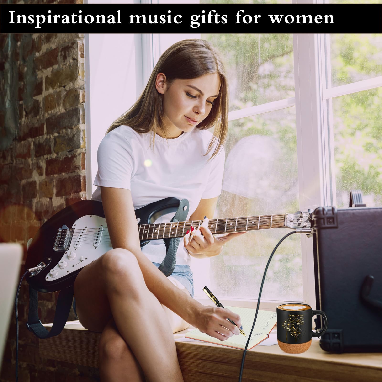 SiliFine 4 Pcs Music Lover Gifts Women Men 15 oz Musician Coffee Mug with Lid Leather Journal Notebook Candle and Pen Set Music Teacher Thank You Gift for Piano Students Birthday Retirement(Black)