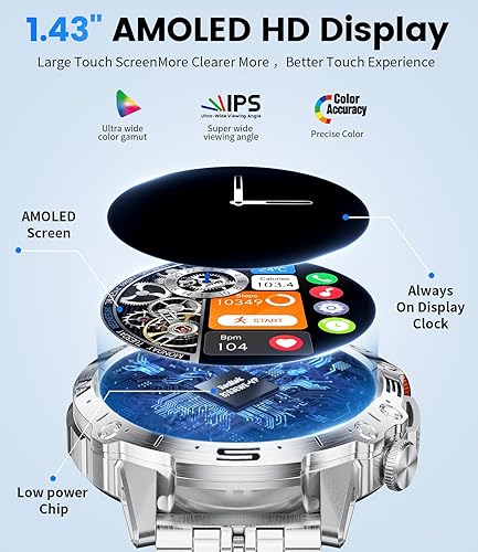 Miniatura 5 de Reloj inteligente militar para hombre (respuestallamadas de marcación), pantalla AMOLED de 1.43 pulgadas siempre encendida, rastreador de actividad