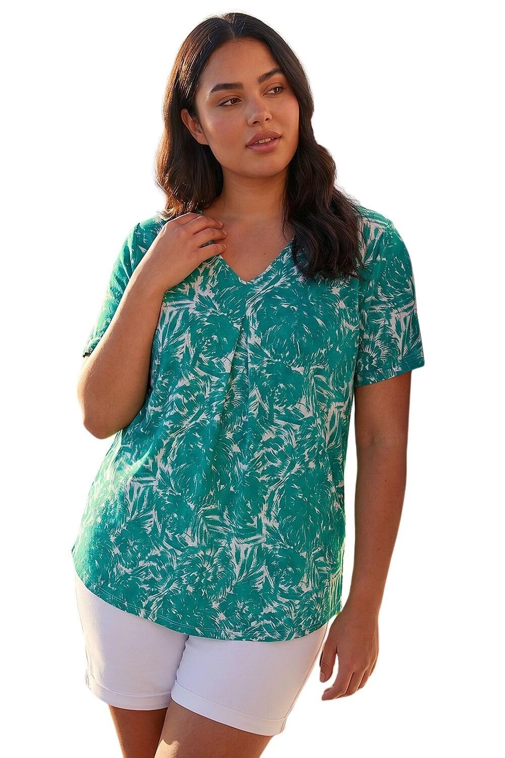 Roman - Women's V-Neck Top - Linen - Green - Size 22-24
