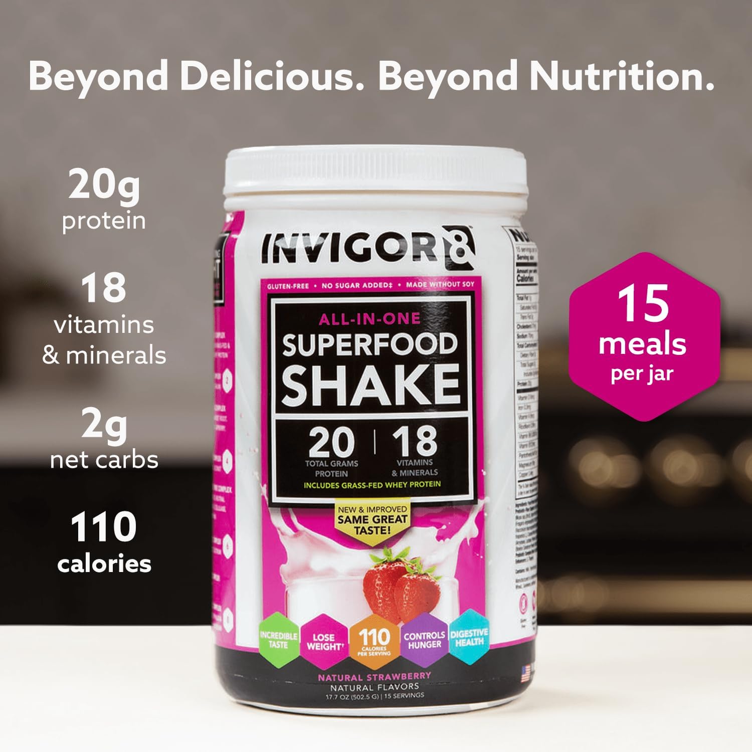 INVIGOR8 Superfood Grass Fed Whey Protein Isolate Shake Natural Strawberry Gluten-Free and Non GMO Meal Replacement with Probiotics and Omega 3 (645g)