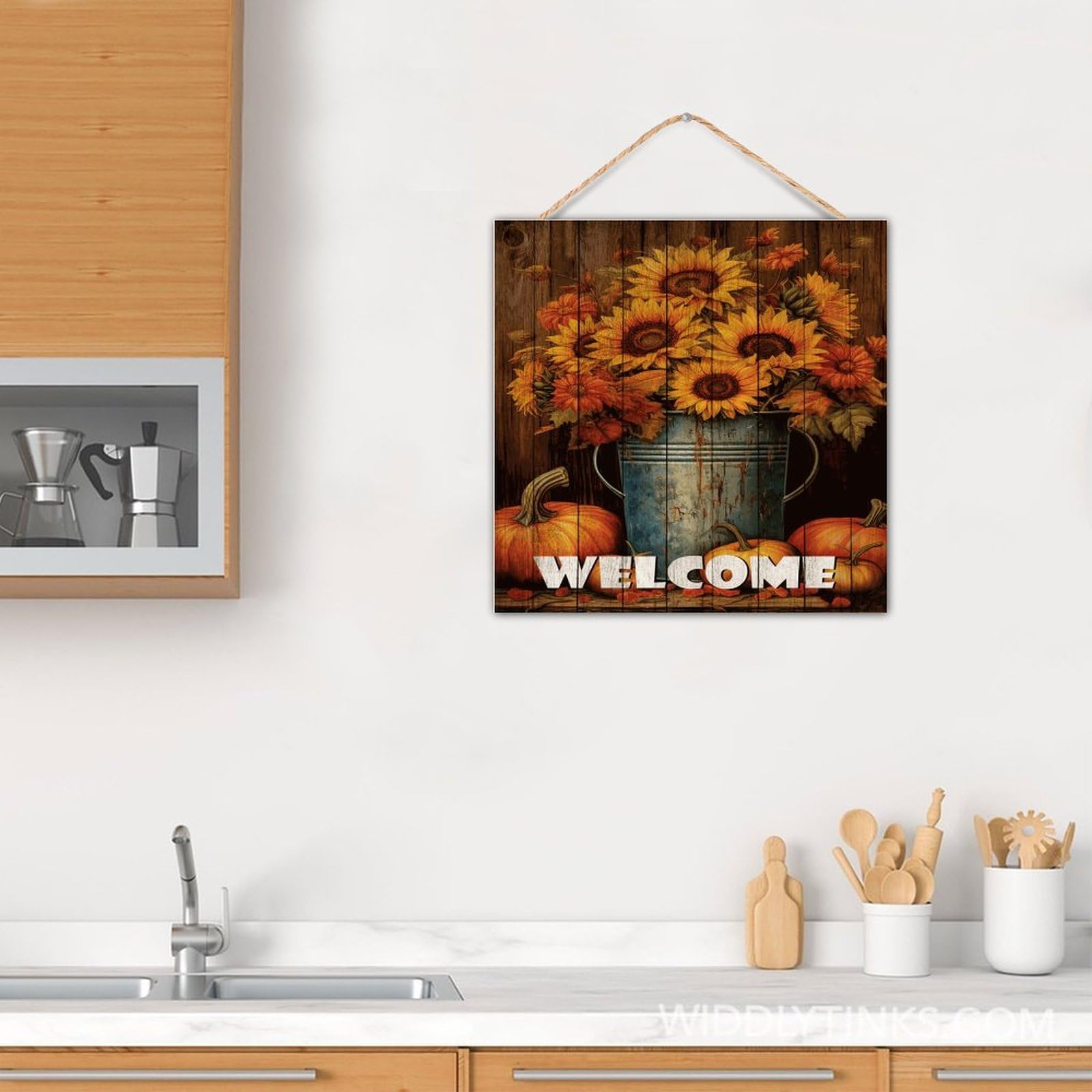 Cartello In Legno Per Porta Del Ringraziamento - Happy Fall Harvest Con Scoiattolo, Rustico 20x22 Cm - 2