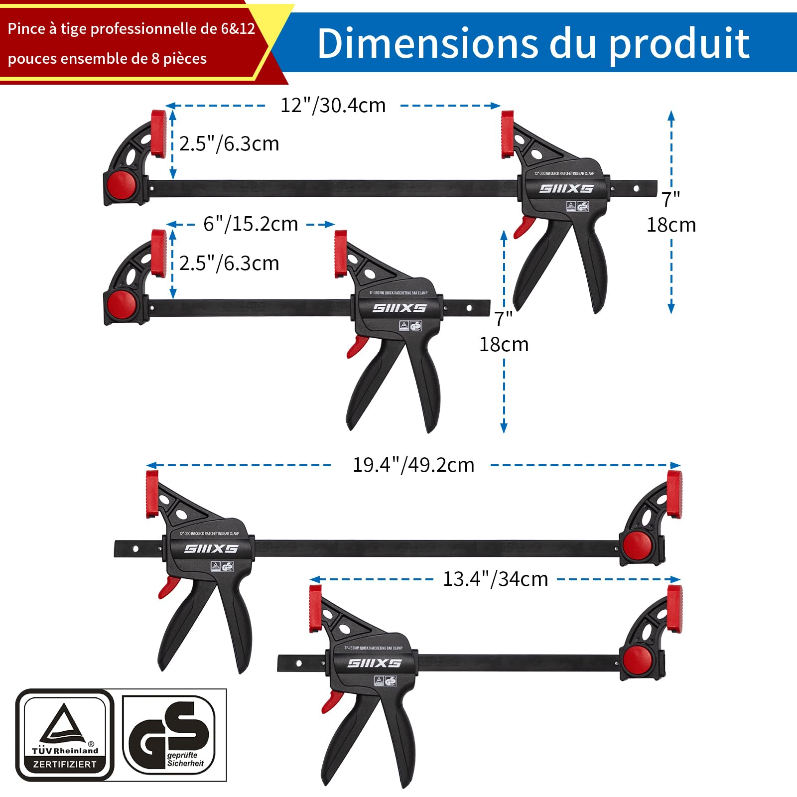 Lot de 8 serre-joints à une main Force de serrage 80 kg Envergure 152mm 4 classiques et 304mm 4 classiques serre-joints pour une fixation précise et le travail du bois avec certificat GS