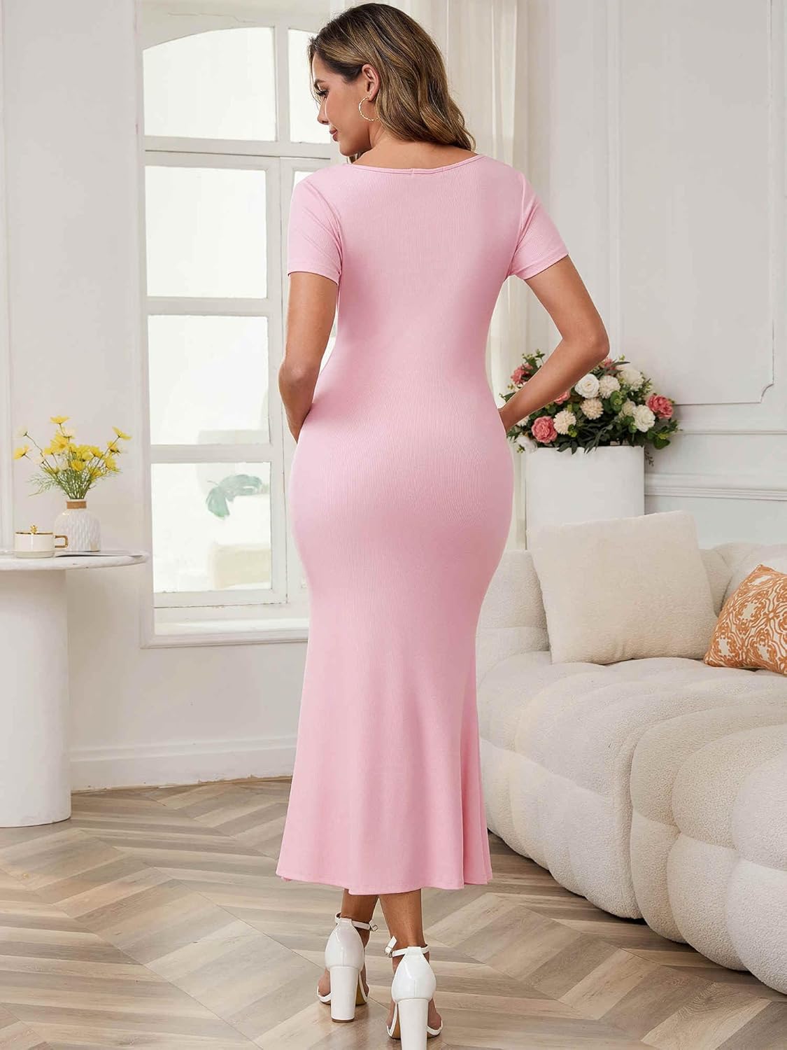 Womens Maternity Dress Bodycon Fitted Stretchy Ribbed Mermaid Midi Summer Pregnancy Dresses for Wedding Guest - Image 4