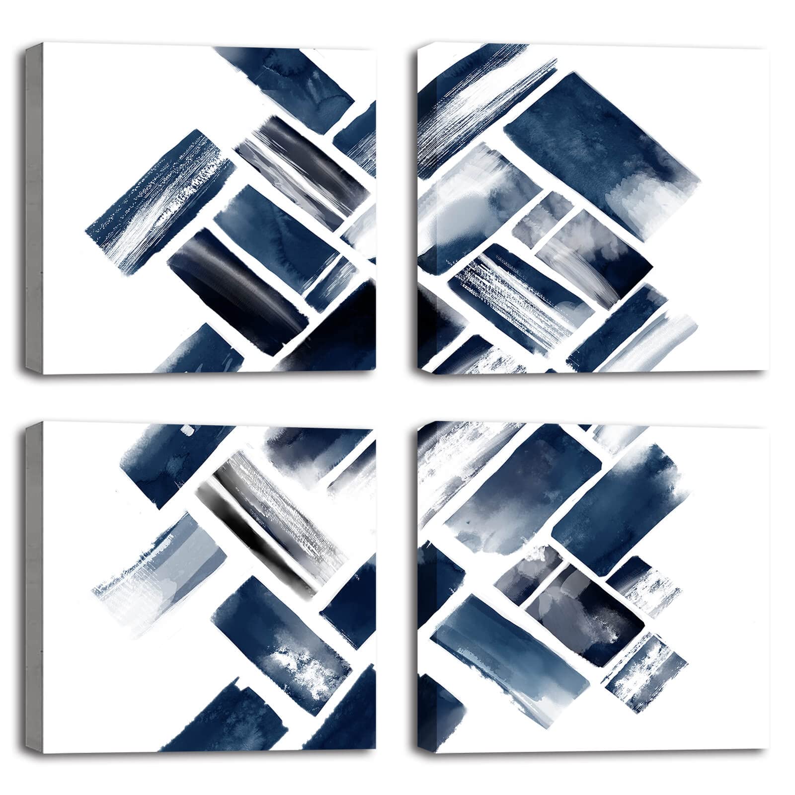 TIDOES Navy Blue Abstract Wall Art - Blue Rectangle Shape Wall Art for Living Room- 4 Piece Wall Decor Canvas Prints - Graffiti on White Background Modern Artwork for Office Home Decor 14"x 14"x 4p