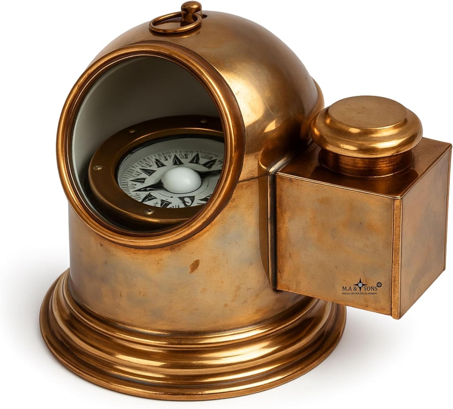 M.A & SONS Vintage Marine Binnacle Brass Compass with Oil Lamp (Antique Finish) – Gimbal-Mounted, Glass Viewing Window, Desk/Nautical Décor – 8.8 in H x 7.25 in L x 6.75 in W