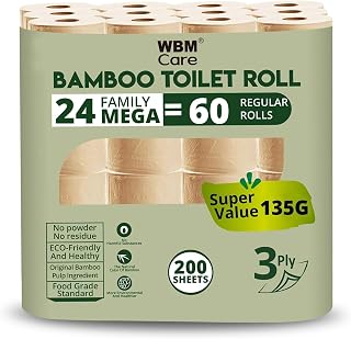 WBM Bamboo Toilet Roll, 36 Mega Family = 108 Regular Rolls, 155 Sheets/Each Total 5580 Bath Tissues, 36 Count