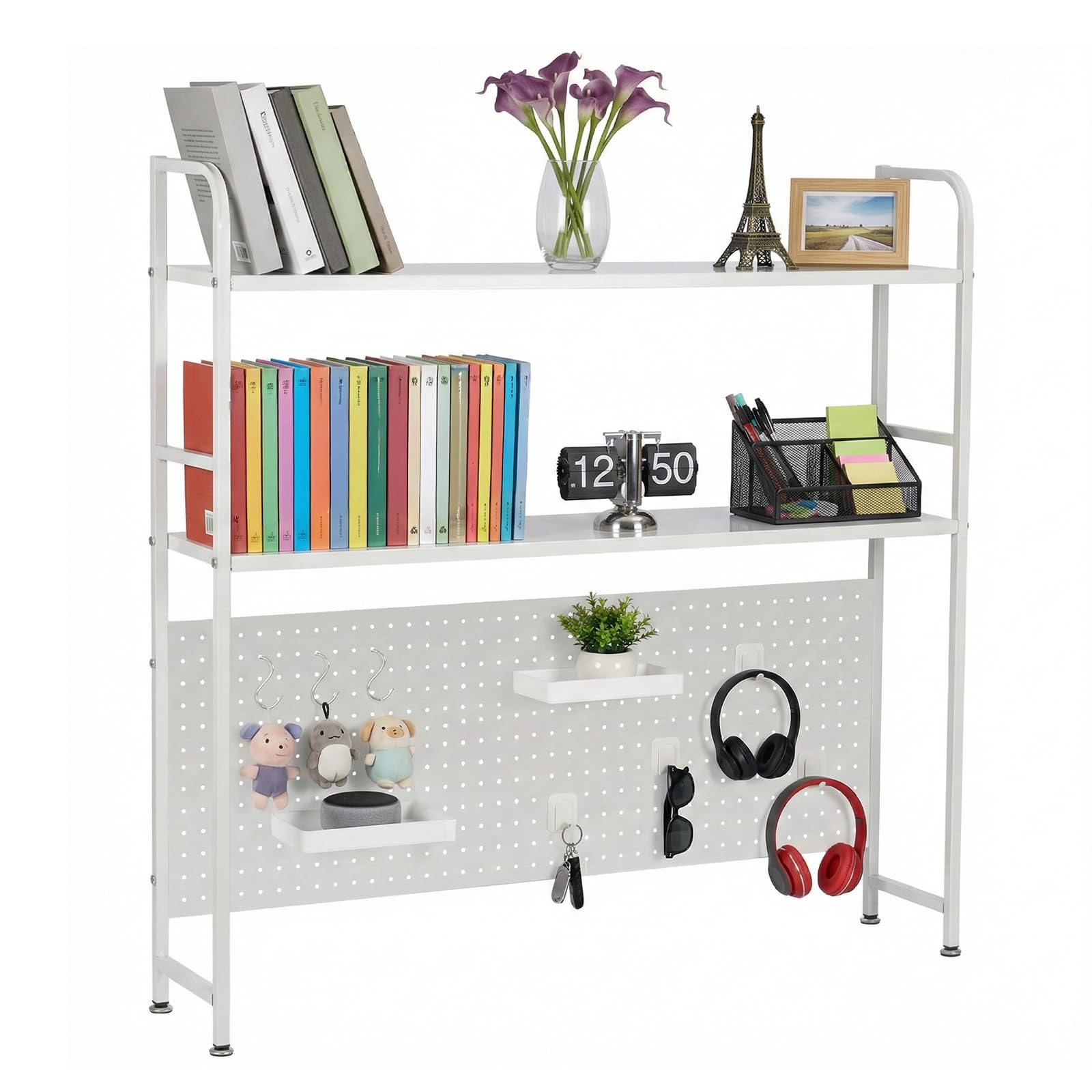 SUNNYNEST 2-Tier Desk Shelf with Pegboard, Metal Desktop Organizer Bookcase for Home Office, Study or Dorm, Countertop Storage Shelf with Accessories (White, 95cm / 115.5cm) (95.5 × 20 × 99.5 cm)
