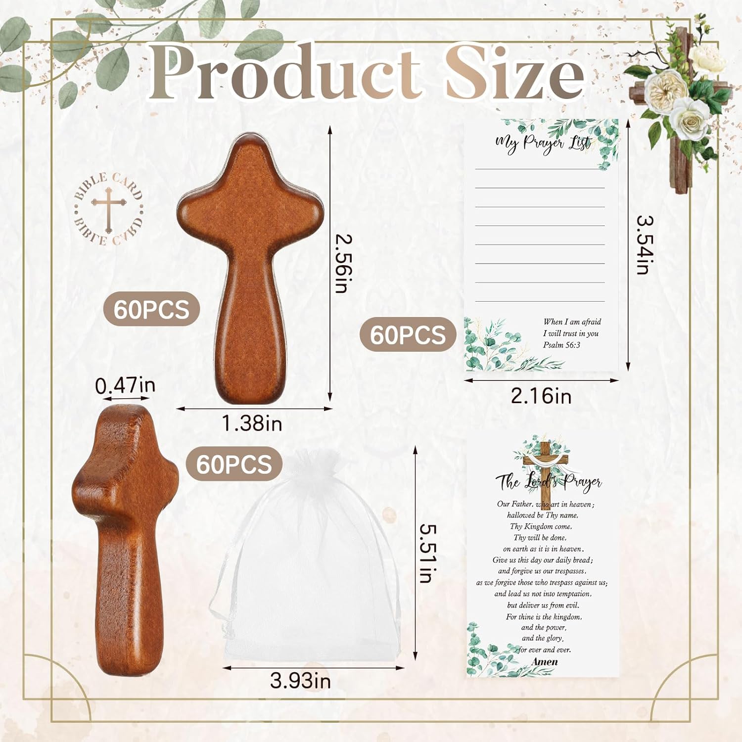 Kigley 60 Set Mini Wood Holding Crosses Bulk 60 Small Pocket Hand Crosses 60 Prayer Cards 60 Bags for Christian Church Jesus Cross Easter Gift Bulk(Leaves,Organza)