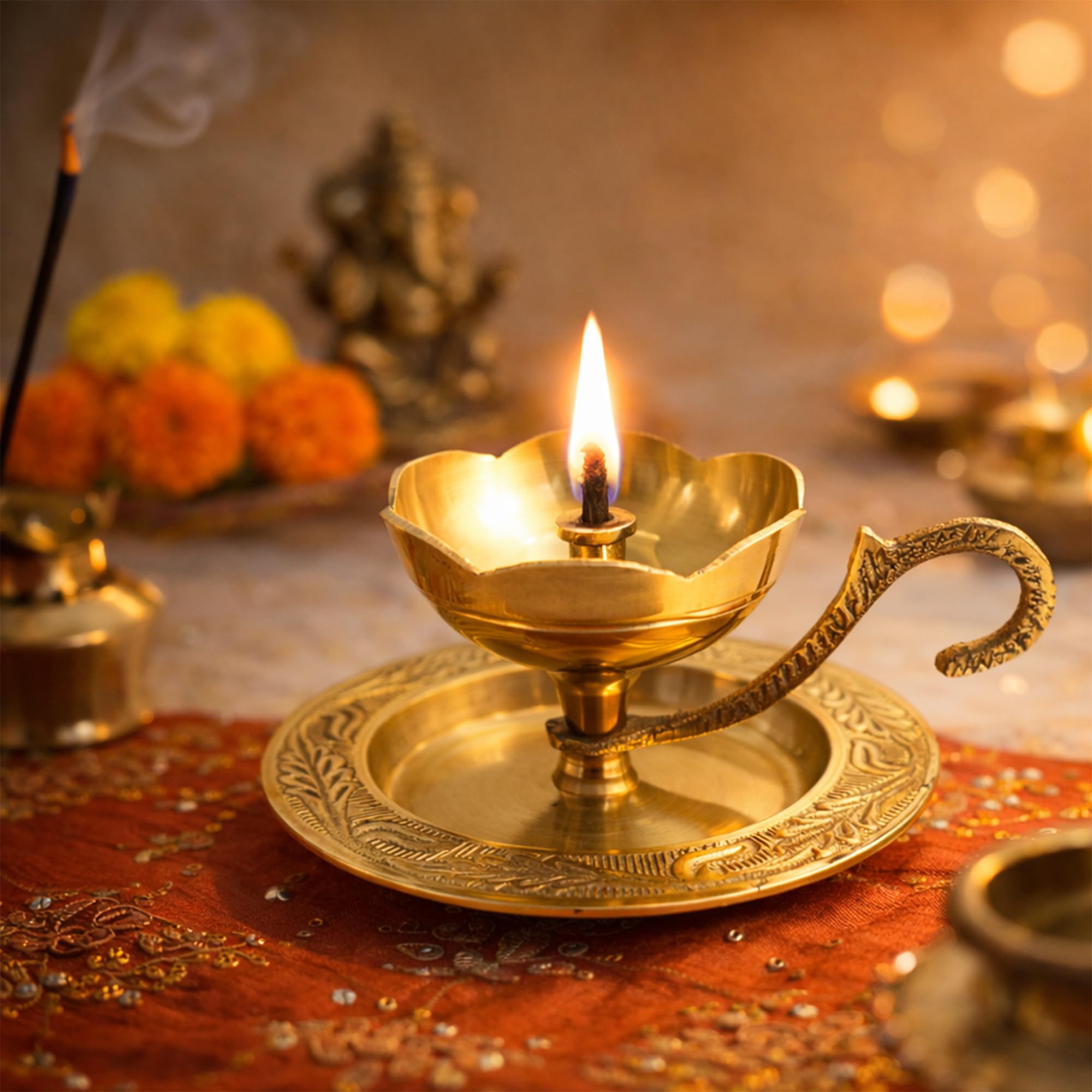 Putrika Brass Diya Deepam with Plate & Handle |Traditional Brass Oil Lamp for Pooja, Aarti, Home Mandir, Diwali, Hindu Rituals & Festive Decor[Wt: 130g]-image-18