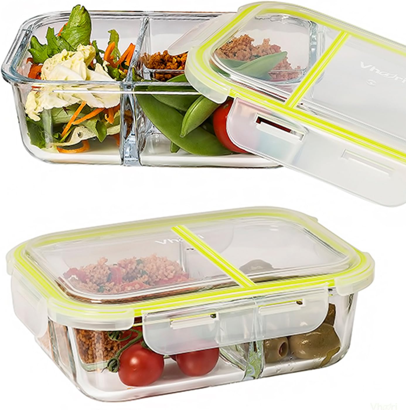 Vhari 3 Compartment Glass Food Storage Containers with Lids (1040ml x 2) Meal Prep and Portion Control Lunch Box | Airtight, Leakproof | Microwave, Oven, Freezer, Dishwasher Safe, BPA Free