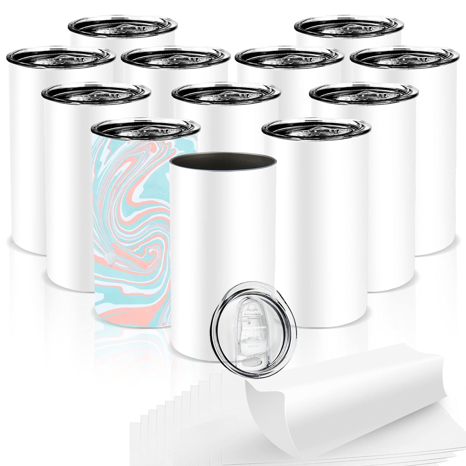 XccMe 12 oz Sublimation Blanks,Stainless Steel Straight Skinny Tumblers with Shrink Wrap Films,Double Wall Vacuum Insulated Tumbler for DIY Gift, Coffee, Tea, Beverages (White 12 PACK)
