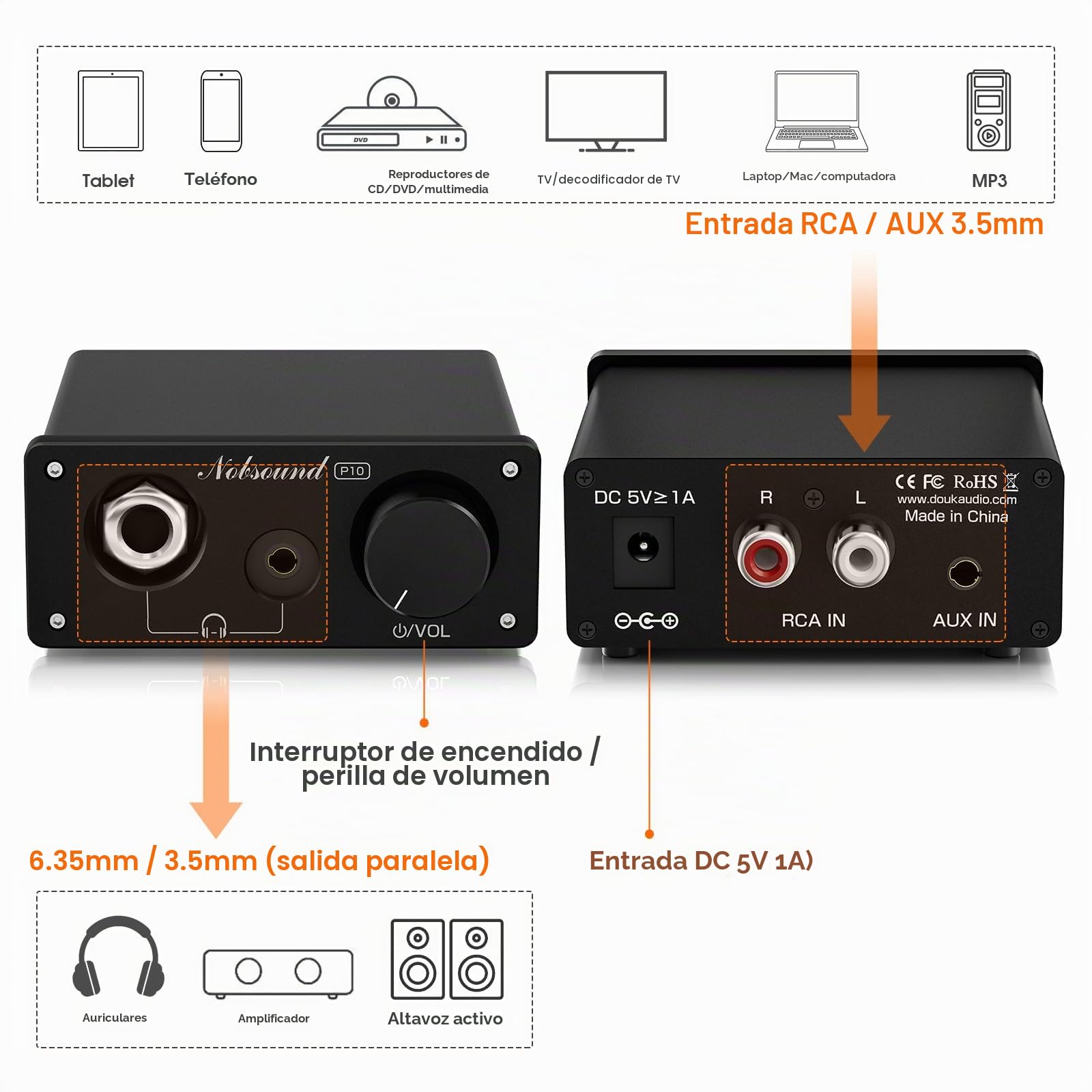 Nobsound P10 Mini amplificador de auriculares: amplificador estéreo de audio HiFi para auriculares de 24 – 600 Ω