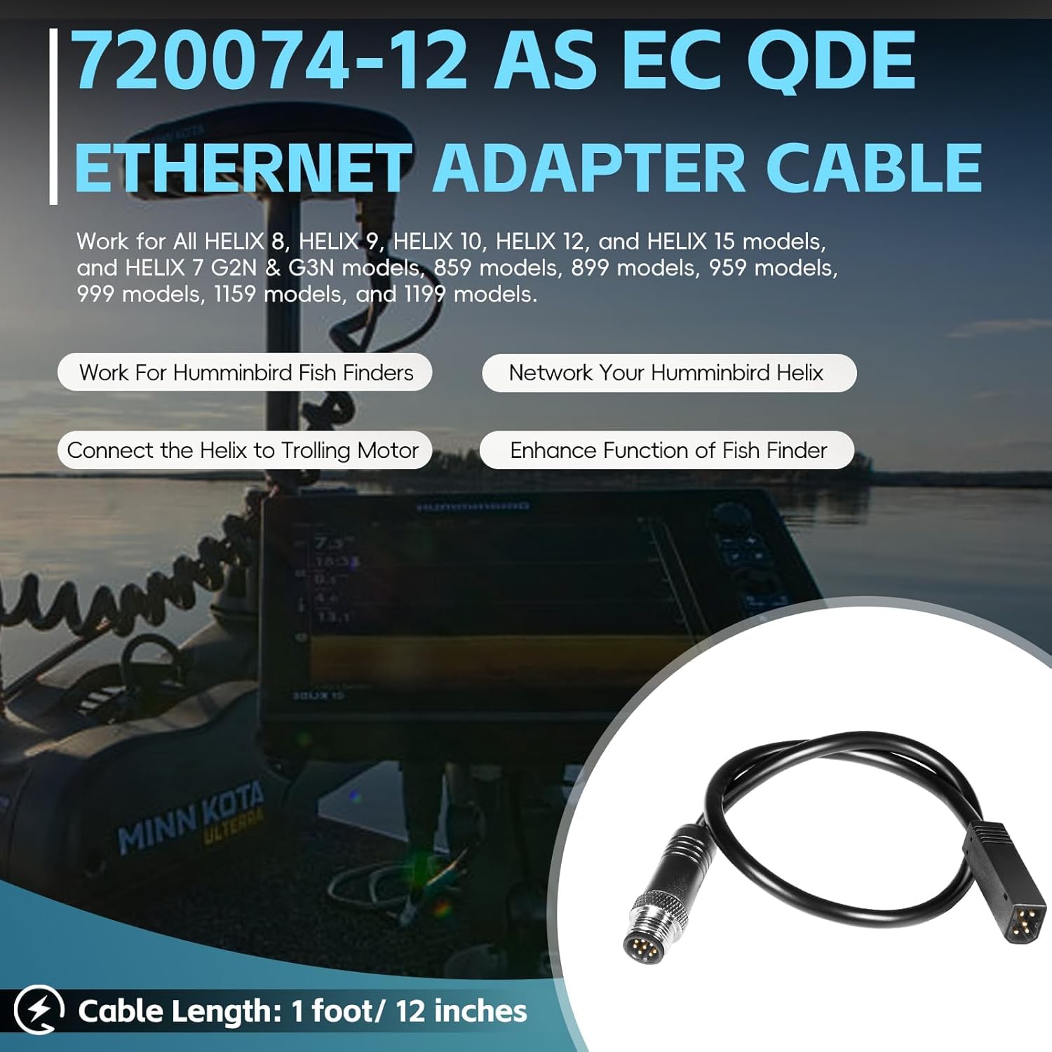 720074-12 (720074-1) AS EC QDE Cavo adattatore Ethernet per Fishfinder Humminbird – Cavo di rete robusto per HELIX 7-15 & SOLIX G2N/G3N/G4N, i-Pilot Link, One-Boat Network e Mega Live Imaging (wasse