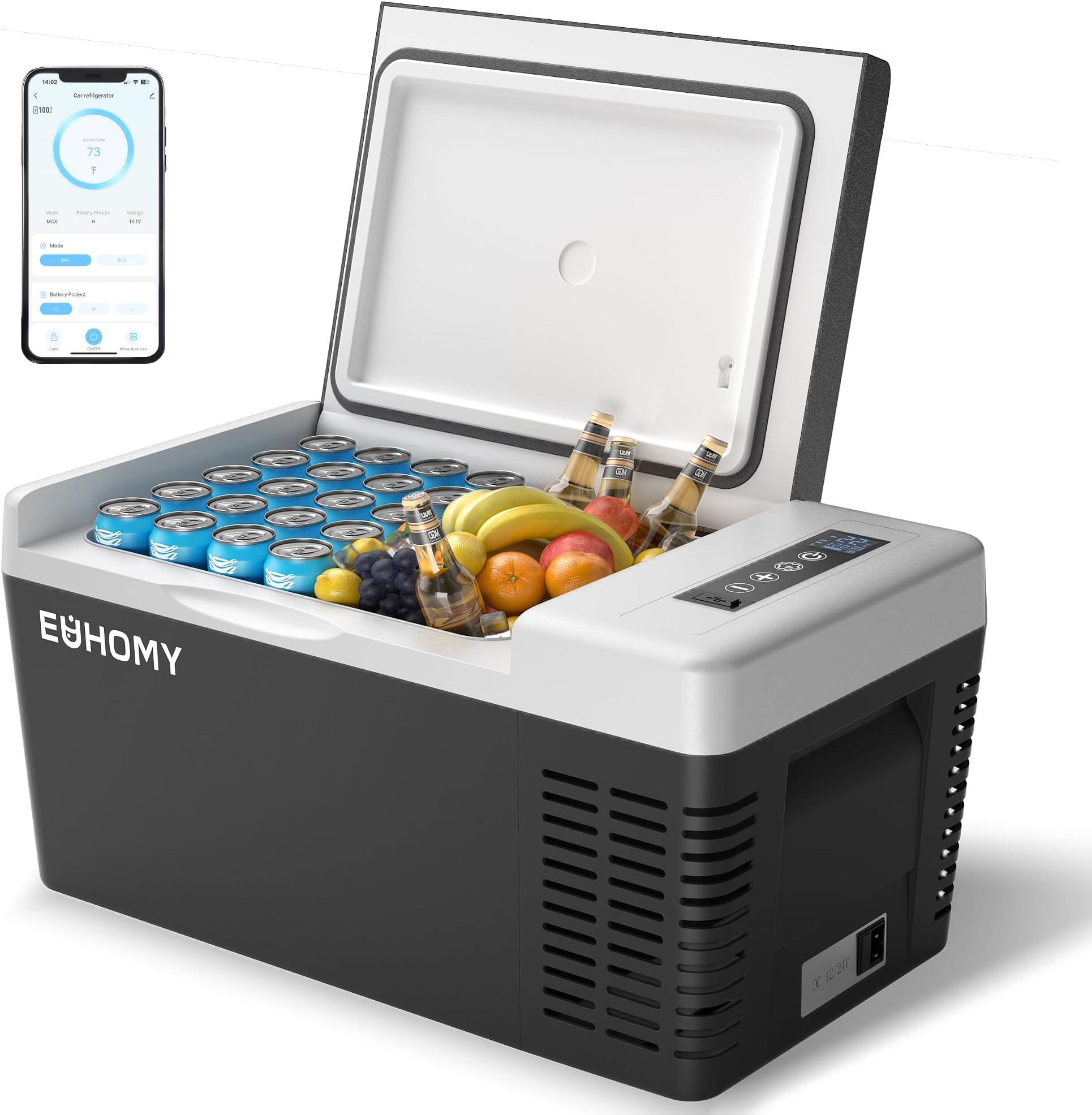 EUHOMY 18L Car Fridge, Compressor Fridge -20℃~20℃, Portable Refrigerator 12/24V DC 100-240V AC, Portable Freeze with APP Control for Camping, Travel, Boat