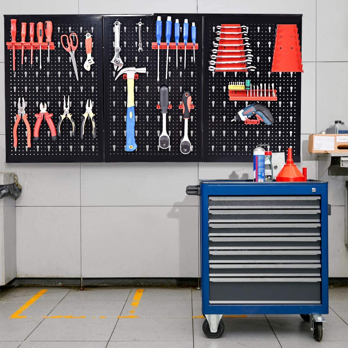 GYMAX Set di 3 Pannelli Forati Portautensili da Parete, Pannelli Portautensili in Metallo Verniciato, con Accessori Completi, Ideale per Garage e Officina, 120 x 60 x 2 cm, Nero