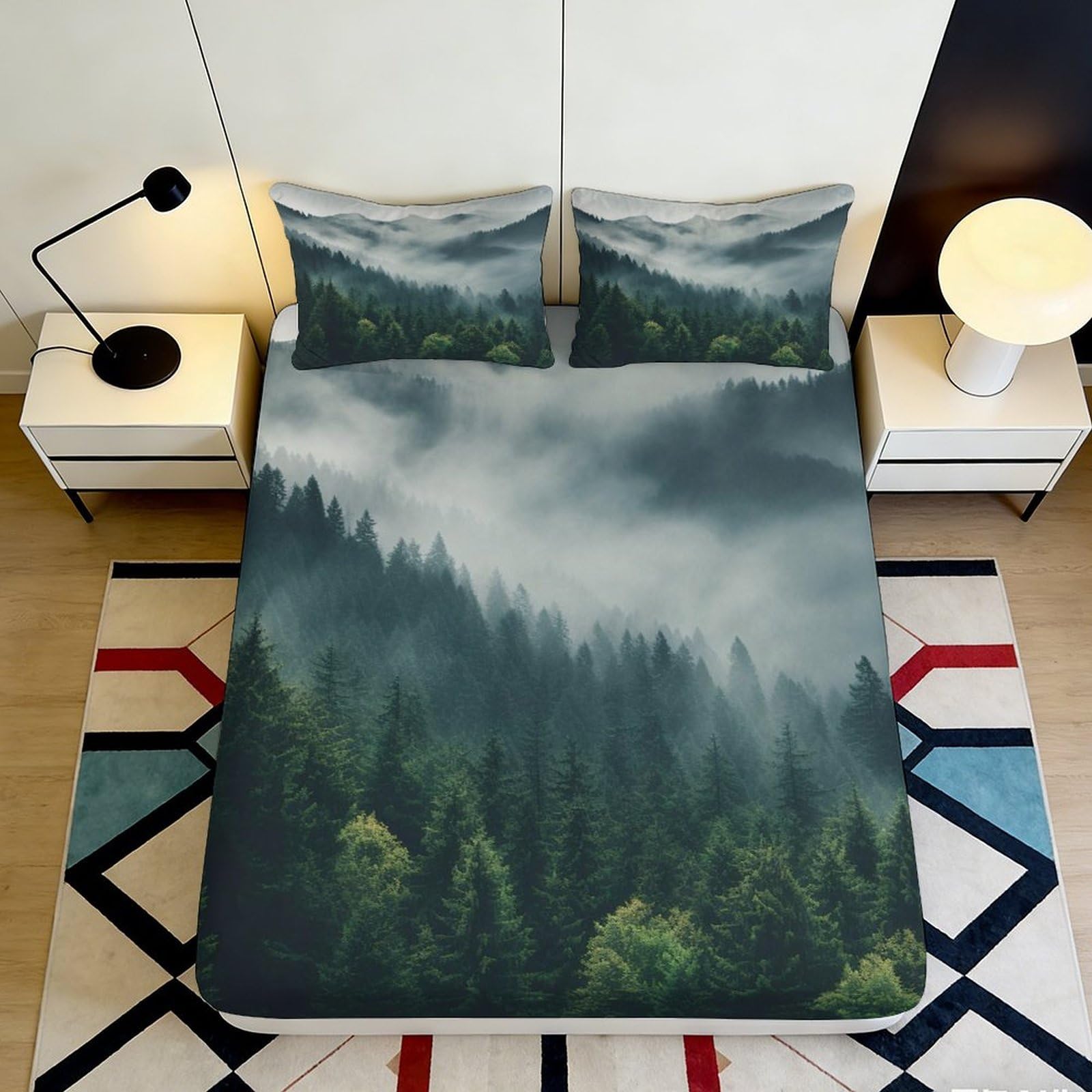 3D Printed Misty Forest Fitted Sheet Microfiber Soft Breathable Foggy Mountain Mattress Cover for Bedroom Dormitory Guest Room Protection Decor 140x200x25cm