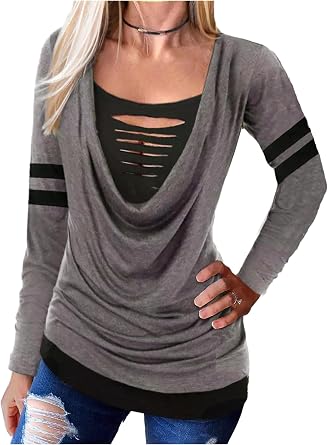 Womens Cut Out Cowl Neck Fake Two-Piece Blouse Sexy Hollow Out Casual Fit T Shirts Tops Fall Long Sleeve Pleated Shirt