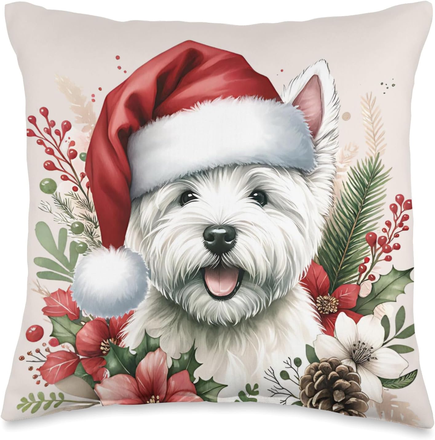 Christmas Westie West Highland Terrier Dog White Watercolor Throw Pillow