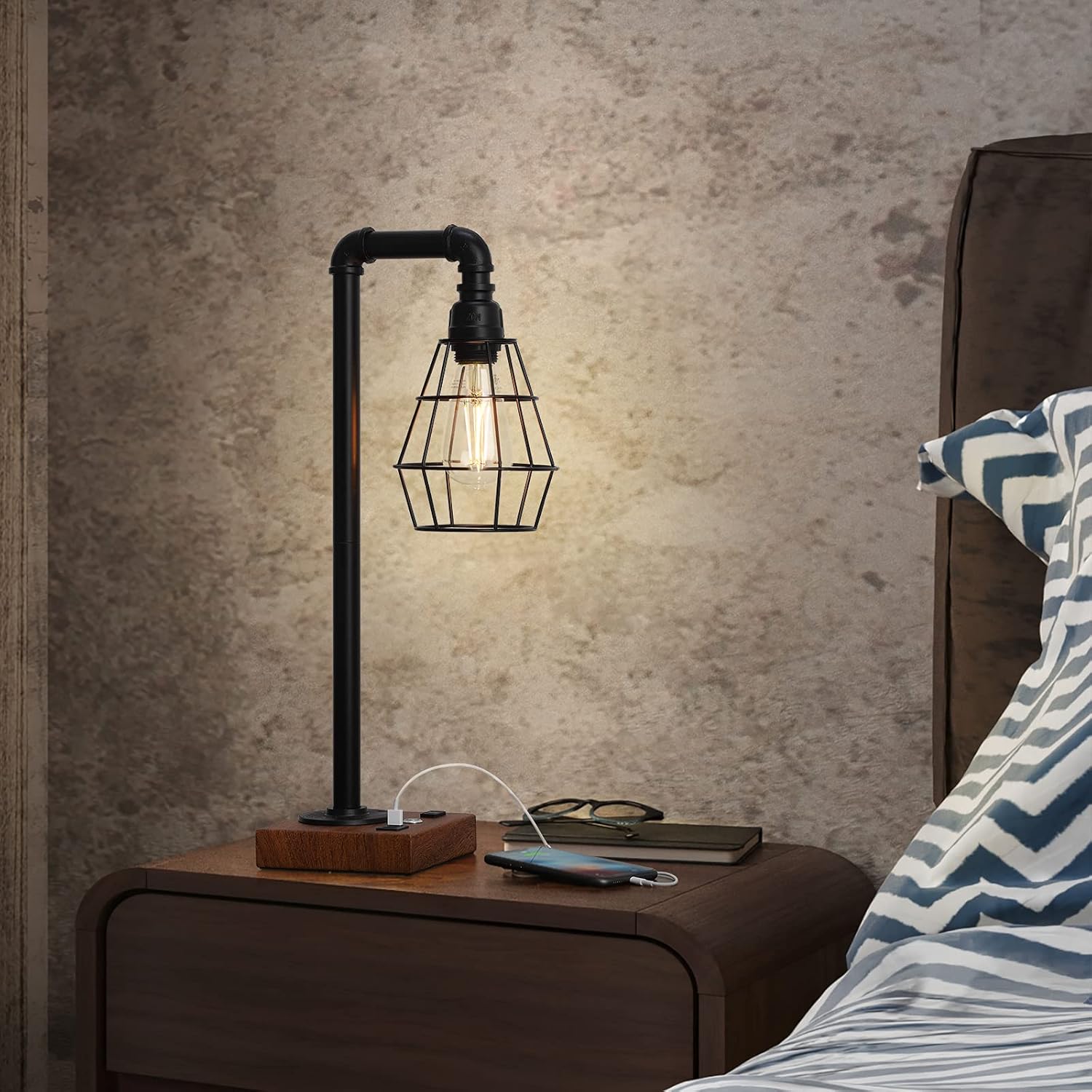 Flash Deals - 70% OFF Table Lamp Industrial Desk Lamp with Dual USB 3-Way Touch Control Dimmable Edison Nightstand Bedside Lamp with AC Outlet and Black Metal Cage for Bedroom Living Room (Bulb Included) Exclusive Discount 🔥 Table Lamp Industrial Desk Lamp with Dual USB 3-Way Touch Control Dimmable Edison Nightstand Bedside Lamp with AC Outlet and Black Metal Cage for Bedroom Living Room (Bulb Included)