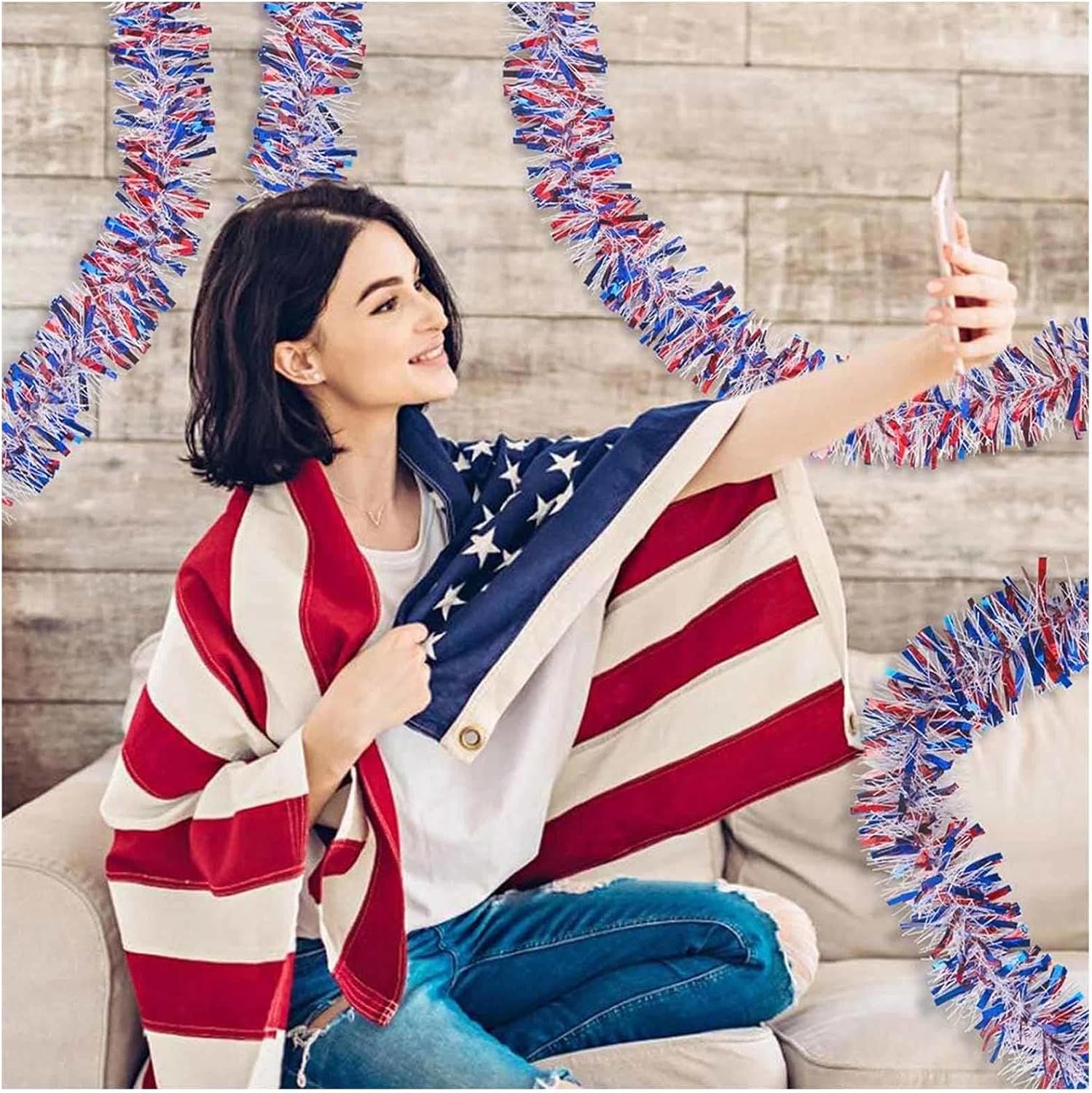 2 Pcs 4th of July Tinsel Garland Red White Blue Independence Day Metallic Glitter Hanging Twist Decor for Home Indoor Outdoor Holiday Party Supplies 6.2ft Each Plastic Decor