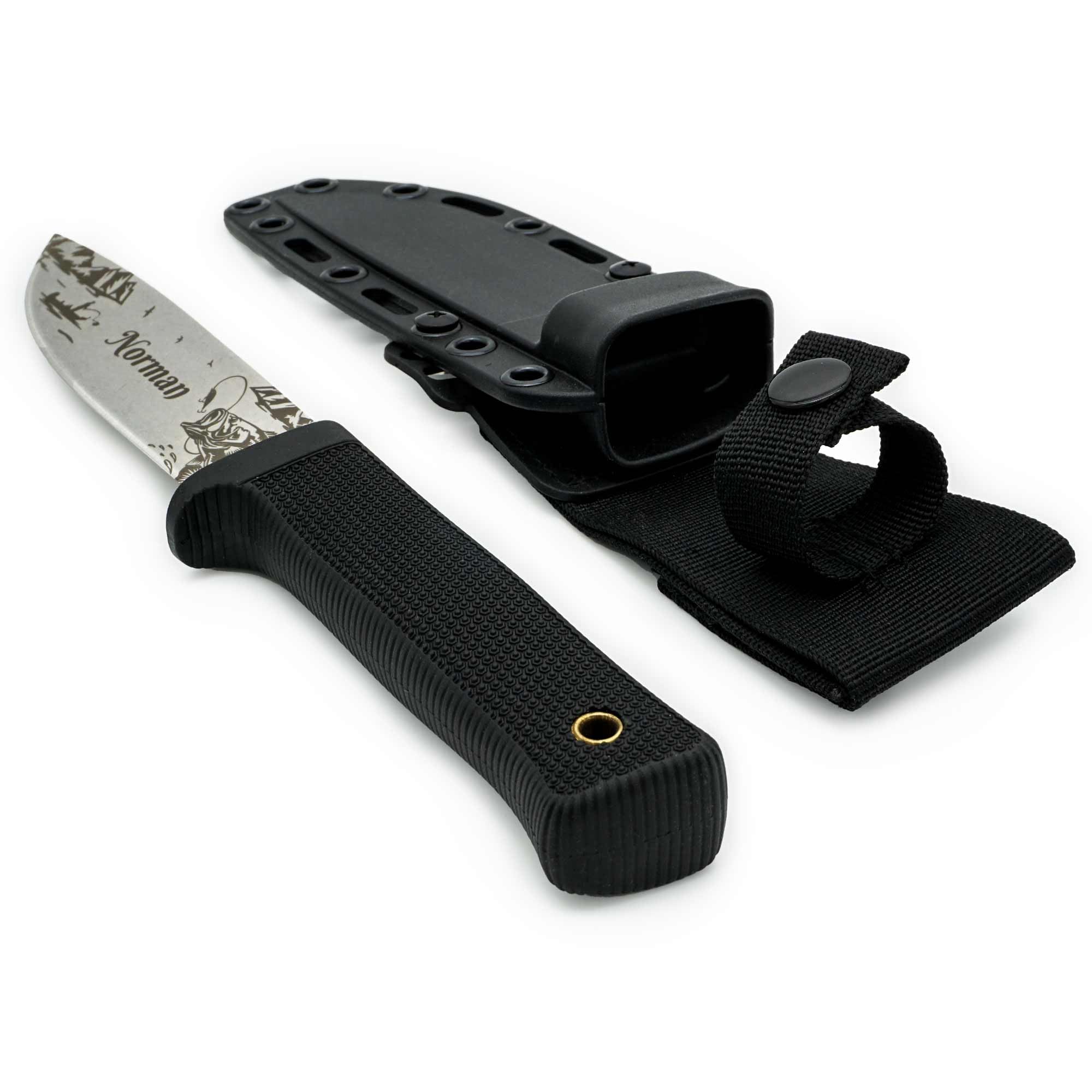Angelmesser mit Gravur & Name – Geschenk für Angler & Männer – Personalisiertes Messer mit Stonewash-Klinge zum Geburtstag, Vatertag oder Weihnachten (Stonewash - mit Ständer)