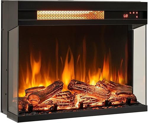 COSTWAY Chimenea eléctrica de 3 lados de 23 pulgadas, inserto de chimenea empotrada de 1500 W con llama de 7 colores y brillo ajustable,