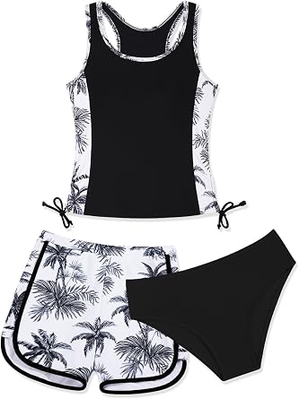Girls 3 Piece Bathing Suit Summer Racerback Top Bikini Swimsuit with Shorts Beach Tankini Sets