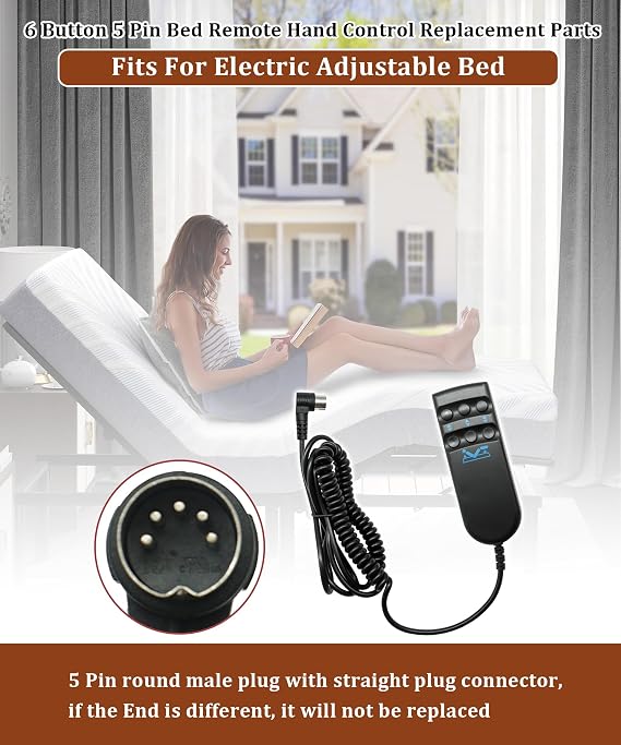 6 Button 5 Pin Bed Remote Hand Control for Electric Bed Fits for Electric Adjustable Bed Durable Replacement Remote Control