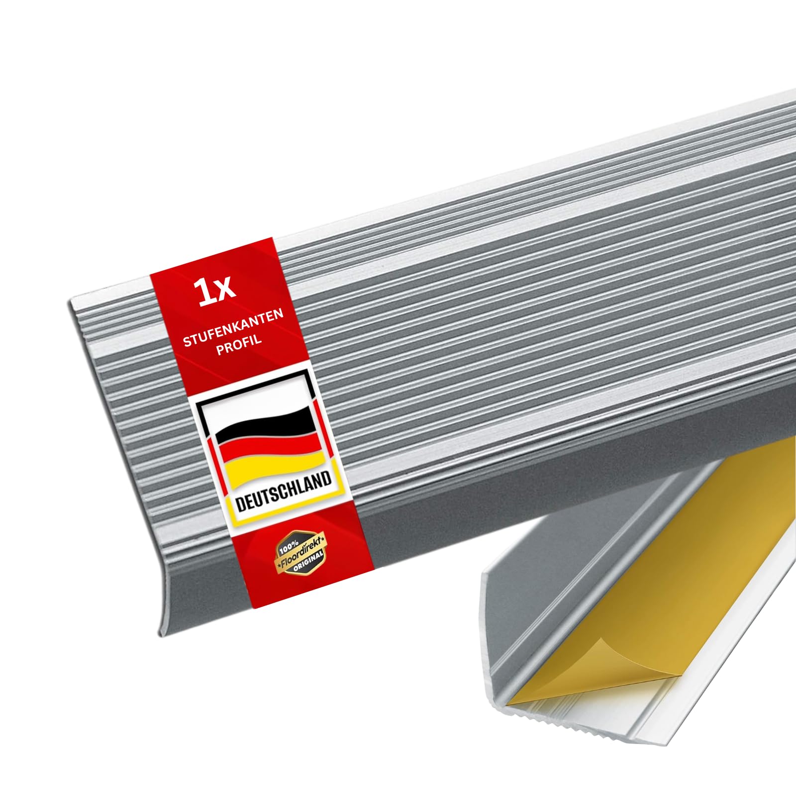 Floordirekt Treppenkantenprofil in L-Form aus Aluminium 1 Stück. 90x3.5x3cm - Selbstklebend - Silber für Parkett und Laminat Inkl. Montagematerial - Stufenkantenprofil Integral