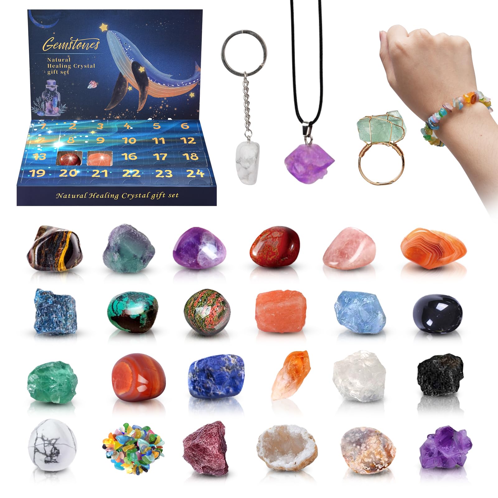 RAMXCION Adventskalender 2023 rotsen,24 dagen natuurlijke kristallen agaatsteen mineralen en fossielen adventskalender kristallen kerstkalender liefhebbers Rock Collection Countdown kalender Xmas (#2