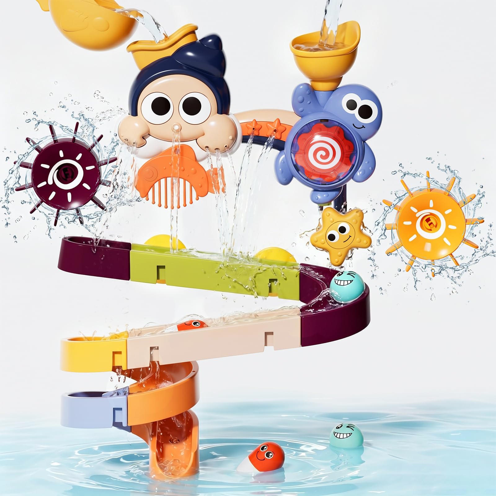 2 in 1 Kids Bath Toy DIY Track Ball Game Set, Watermill Slide Shower Water Toy for Toddler 3-6, Suction Cup Bathtub Toys with Cup & Spinning Gears, Educational Gift for Boys Girls - 28 PCS Ocean Theme