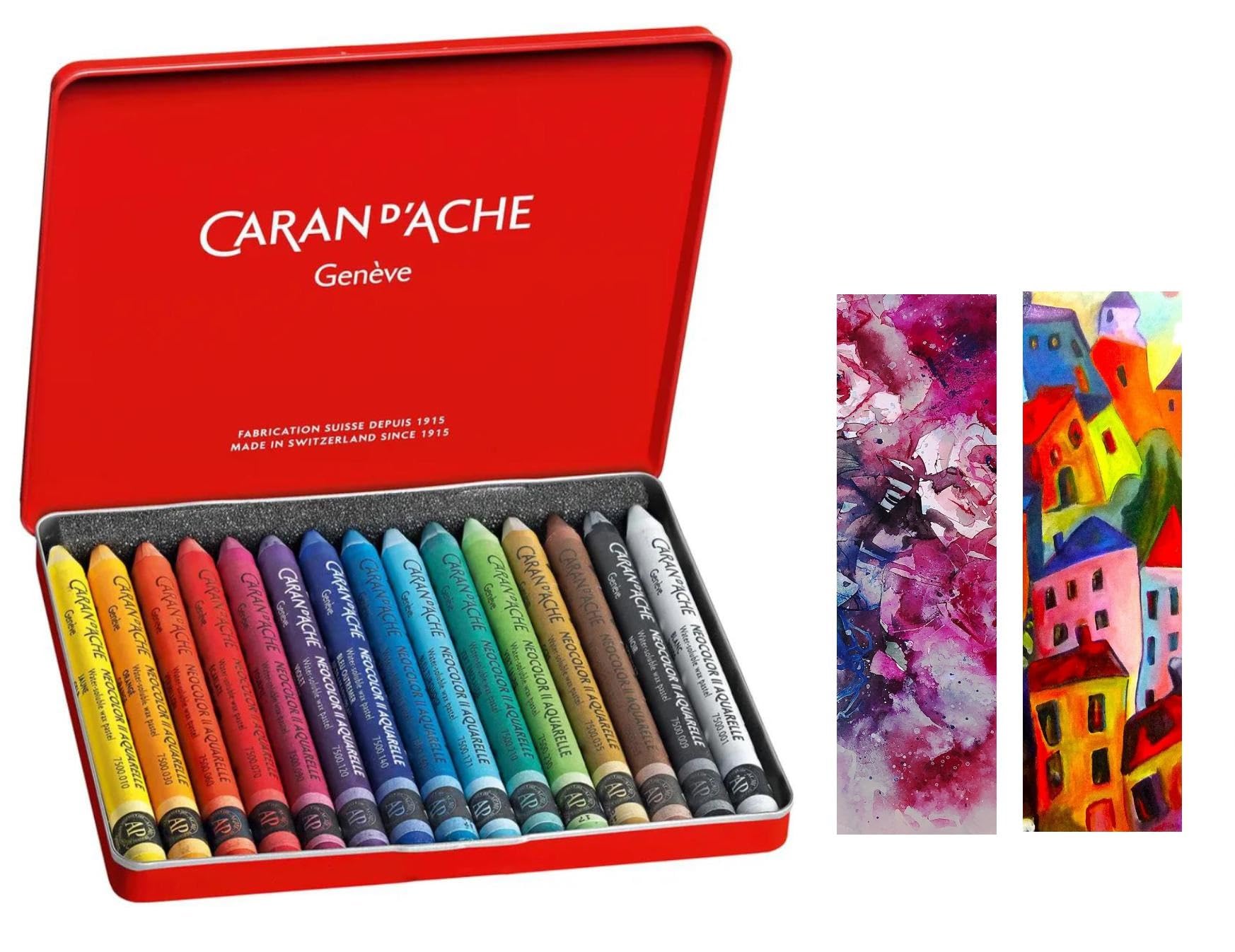 Caran d'Ache Neocolor II, Pasteles de cera acuarelables, Lápices de cera Aquarellables - Lote de 15 y 2 tarjetas