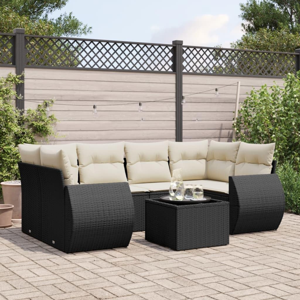 Salon de jardin 7 pcs noir résine tressée Solivagant avec coussins