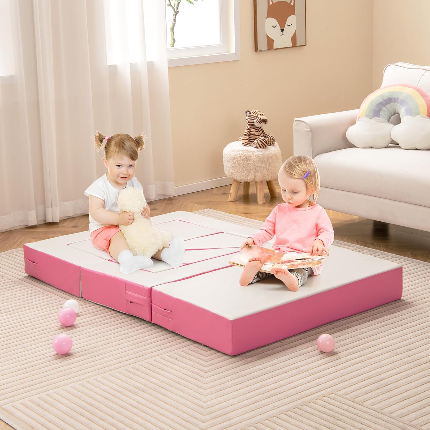 Costzon Climb and Crawl Foam Set, 4-in-1 Convertible Furniture Into Toddler Bed, Sofa, Table, Activity Play Blocks, 8-Piece Lightweight Colorful Interactive Set for Baby and Preschooler (Pink)