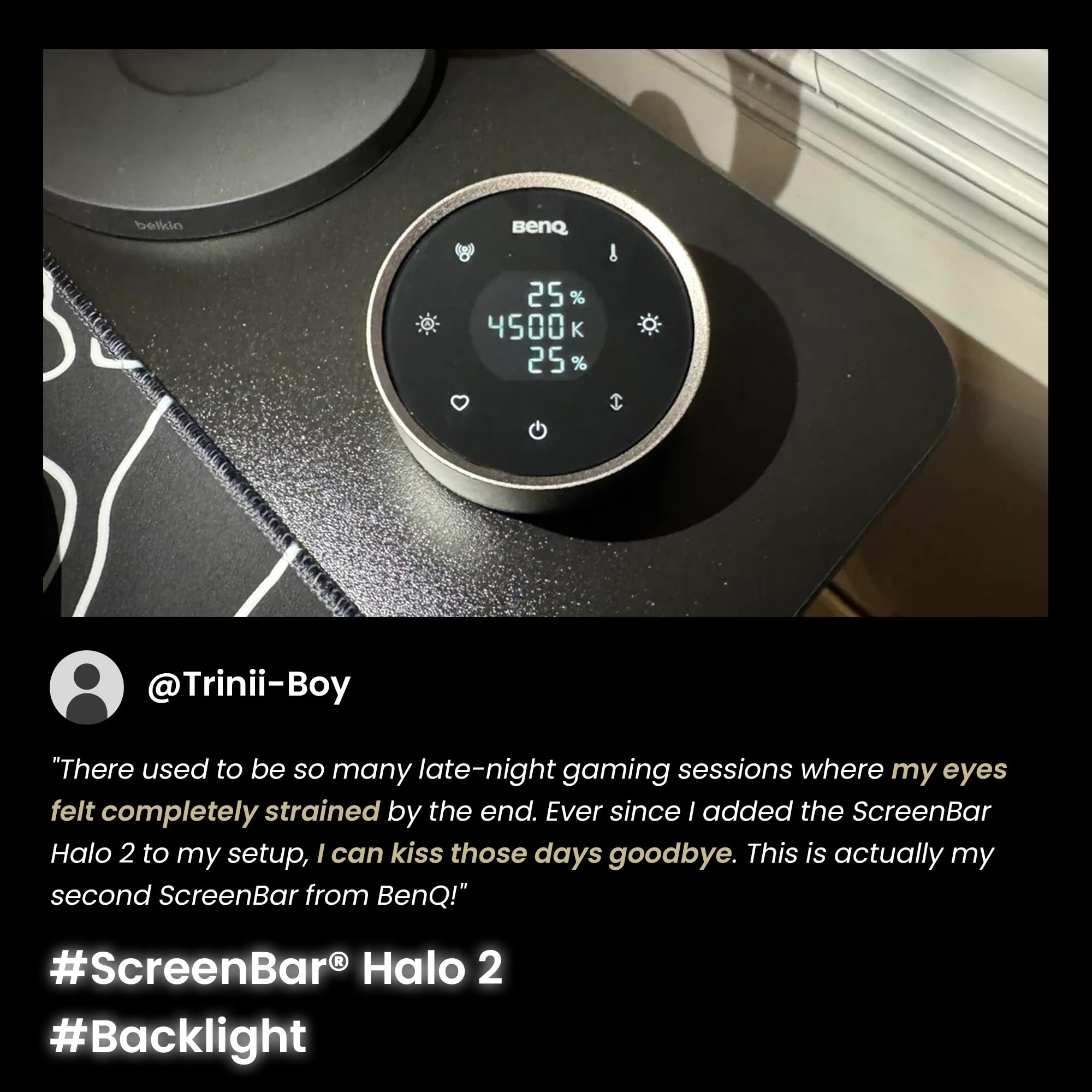 BenQ ScreenBar Halo 2 – LED Monitorlampe mit kabellosem Controller, blendfreiem Licht, einstellbarer Helligkeit & Farbtemperatur, augenschonend, USB-betrieben