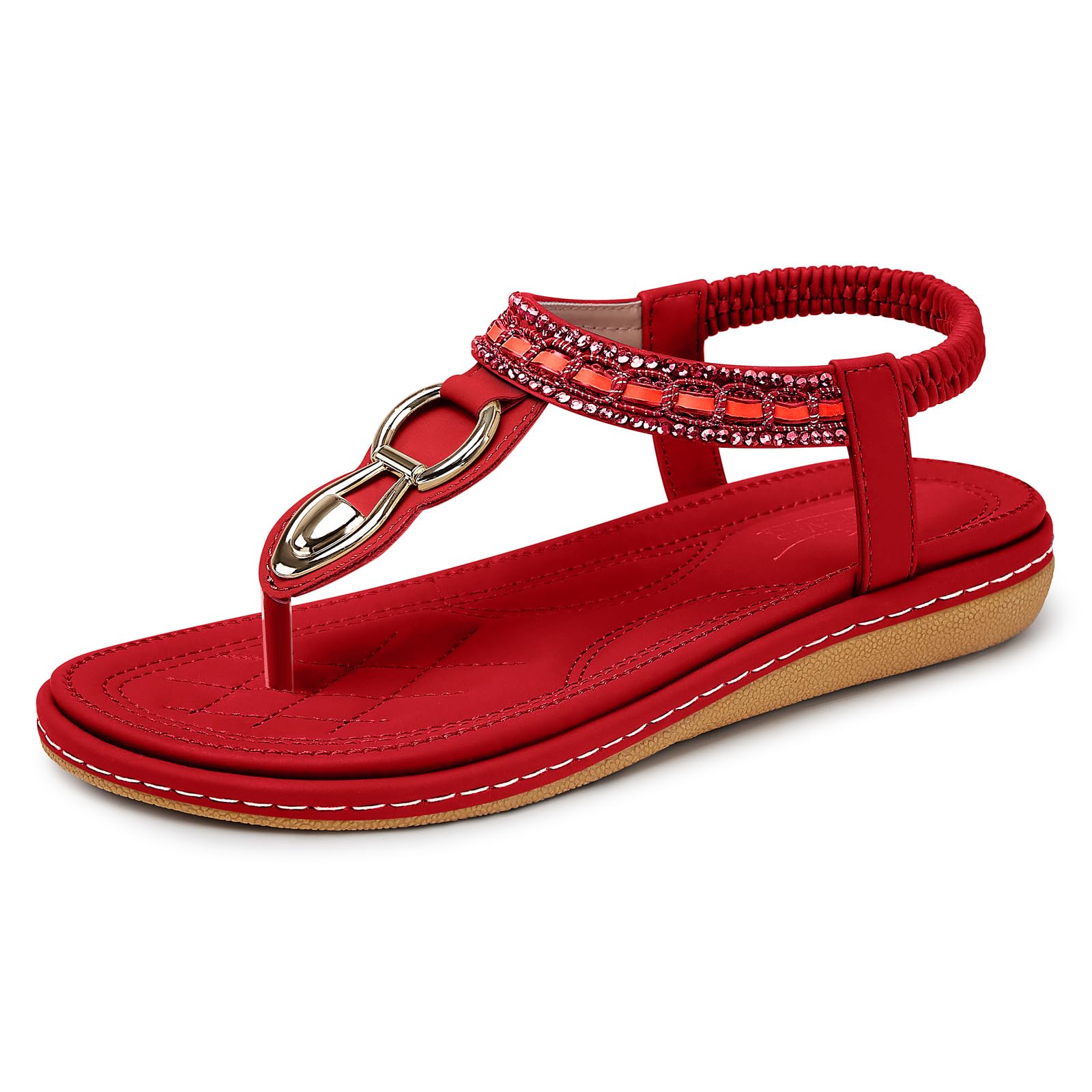 SHIBEVER Womens Sandals Dressy Summer: Women Comfortable Walking Flat Bohemian T-Strap Ladies Casual Comfy Sandals