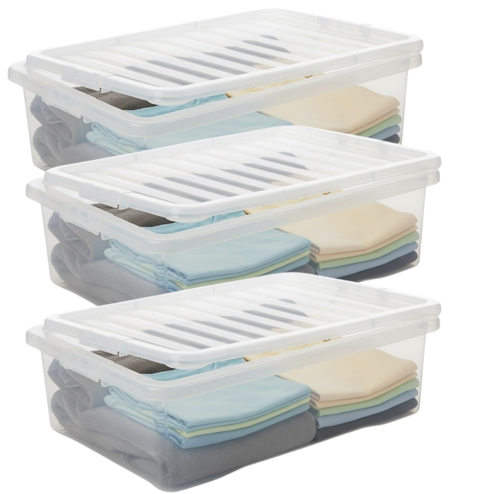 KYY'Z - 32L Under Bed Box with Lid - Clear Plastic Organiser Container - Stackable Storage Solution for Clothes Toys Bedding Multipurpose Bin for Home Office Bedroom Garage - 60 x 40 x 18cm (3)