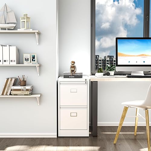 Miniatura 6 de Archivador de 2 cajones, archivadores verticales de metal con cerradura, archivador de acero de oficina para colgar cartaslegalA4 (blanco)