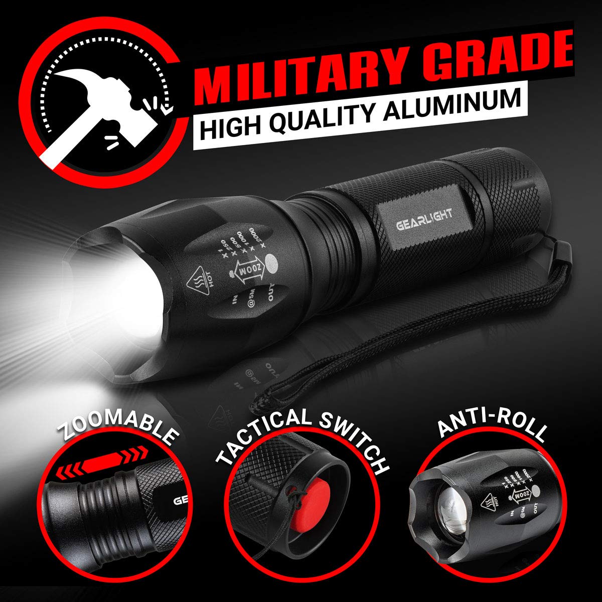 GearLight LED Tactical Flashlight S1000 [2 Pack] High Lumen, Zoomable