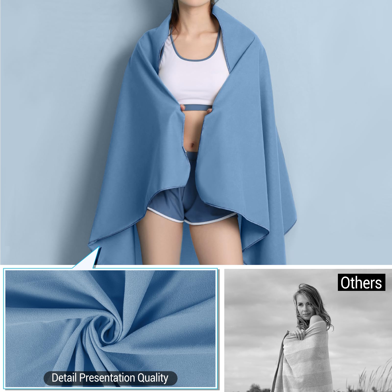 Set Asciugamani Da Viaggio COKWEL In Microfibra - 3 Pezzi (152x80 Cm, 80x38 Cm, 38x38 Cm), Asciugatura Rapida, Blu Cielo - Foto 10